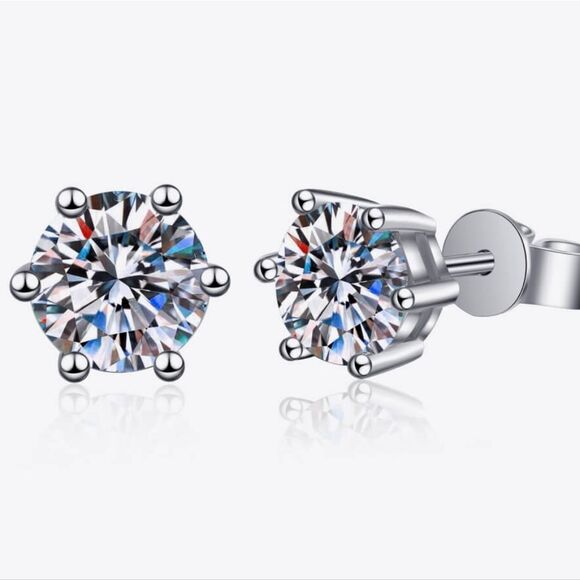 925 Sterling Silver 6-Prong 2 Carat Moissanite Stud Earrings - Picture 1 of 7